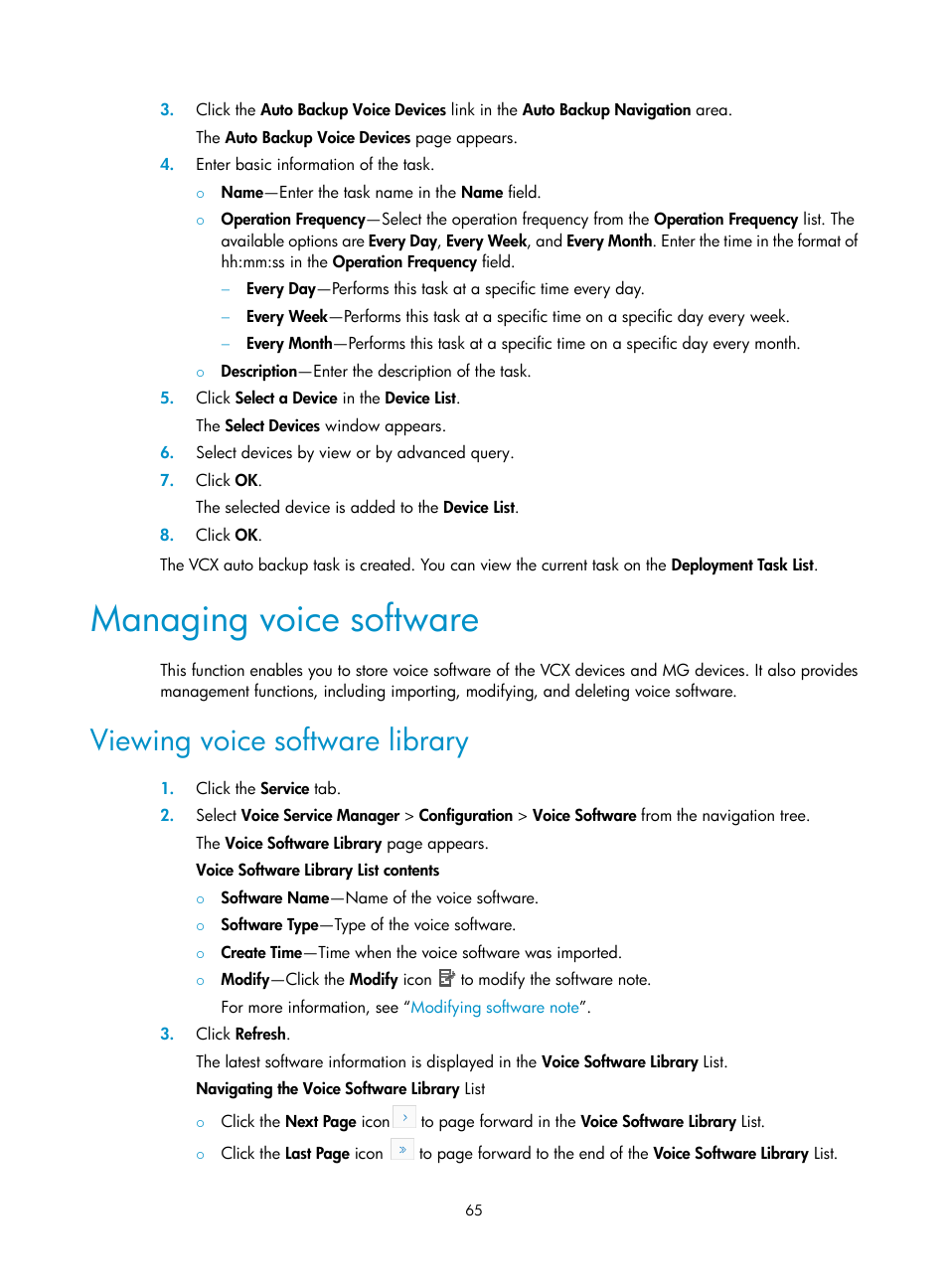 Managing voice software, Viewing voice software library, Ion, see | Managing voice, Software | H3C Technologies H3C Intelligent Management Center User Manual | Page 74 / 145