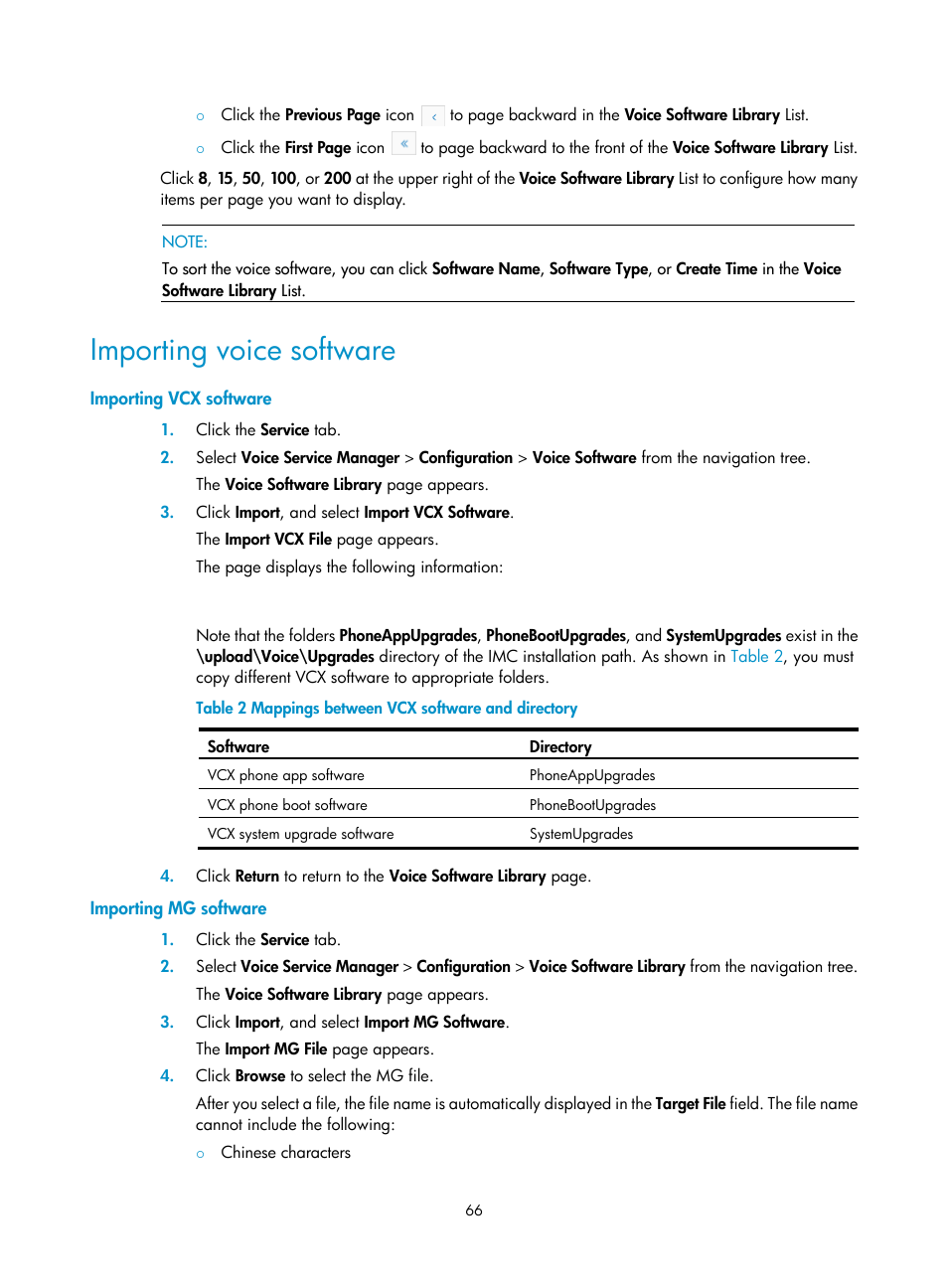 Importing voice software, Importing vcx software, Importing mg software | H3C Technologies H3C Intelligent Management Center User Manual | Page 75 / 145