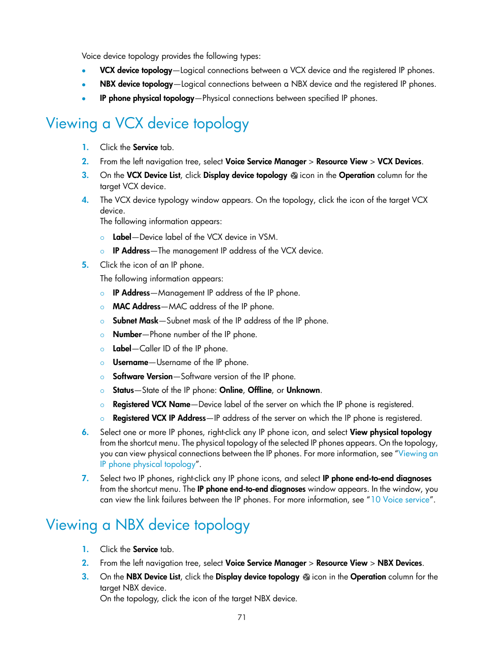 Viewing a vcx device topology, Viewing a nbx device topology, Viewing a vcx | Device topology | H3C Technologies H3C Intelligent Management Center User Manual | Page 80 / 145