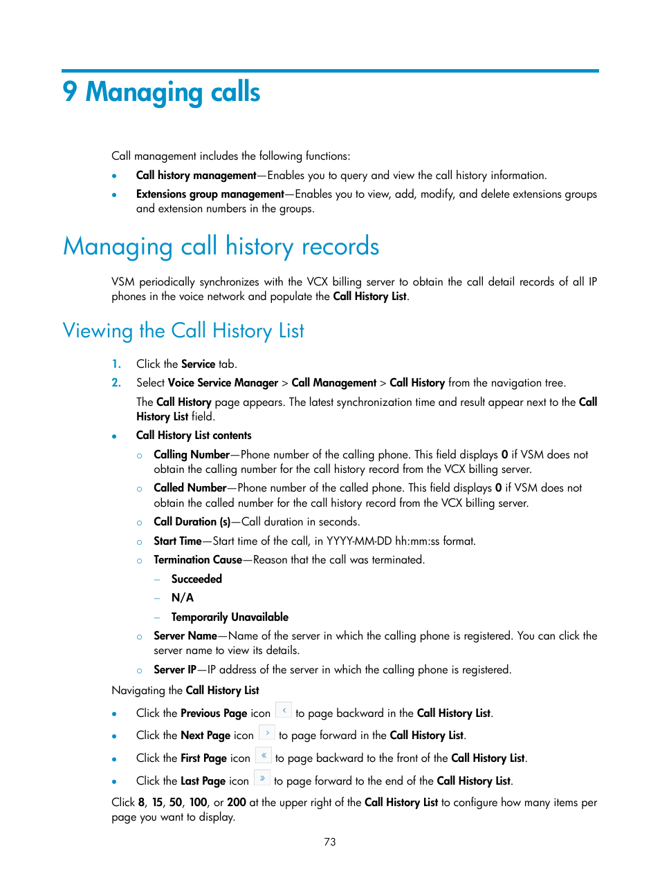 9 managing calls, Managing call history records, Viewing the call history list | 9 managing, Calls | H3C Technologies H3C Intelligent Management Center User Manual | Page 82 / 145