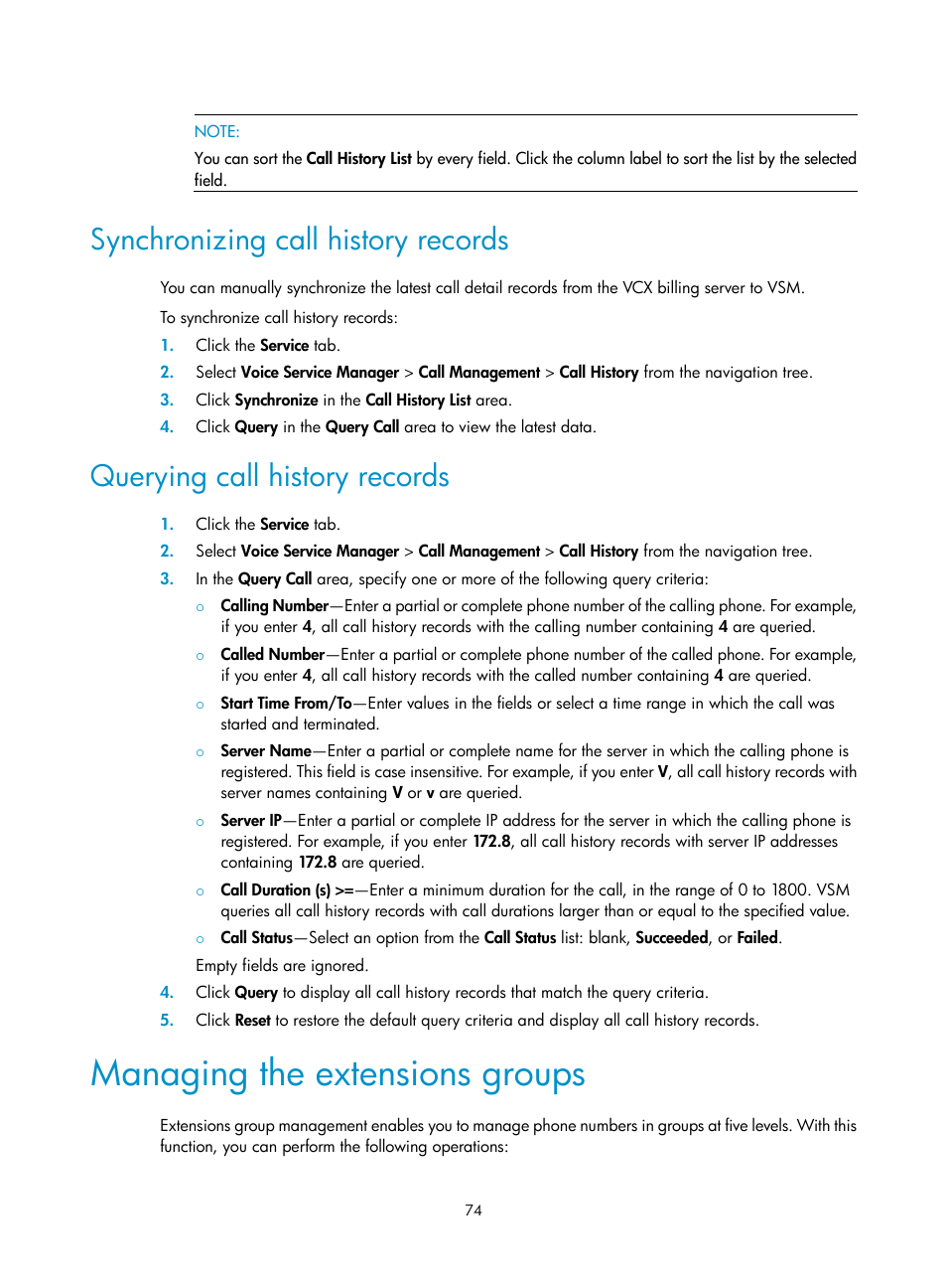 Synchronizing call history records, Querying call history records, Managing the extensions groups | H3C Technologies H3C Intelligent Management Center User Manual | Page 83 / 145