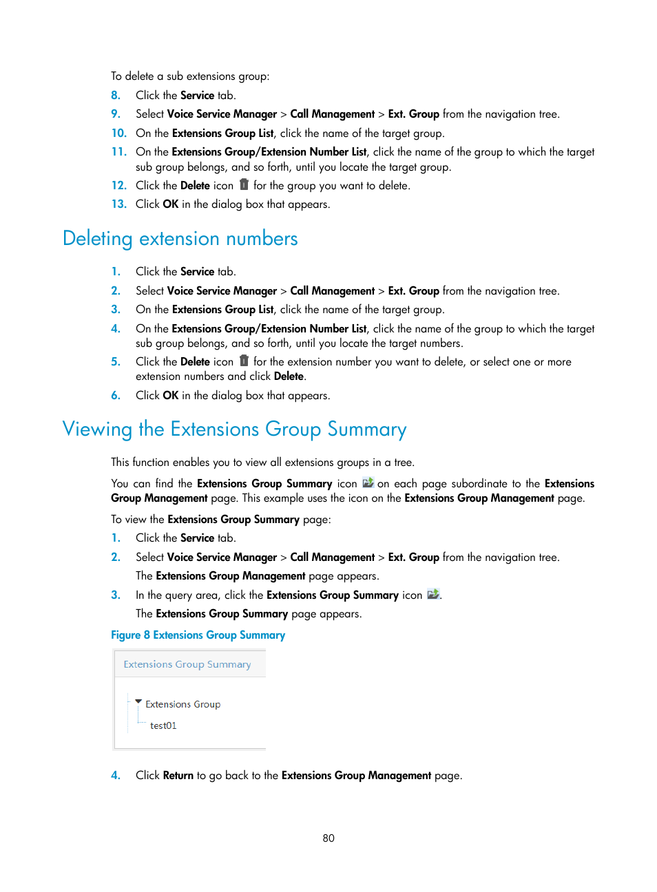 Deleting extension numbers, Viewing the extensions group summary | H3C Technologies H3C Intelligent Management Center User Manual | Page 89 / 145