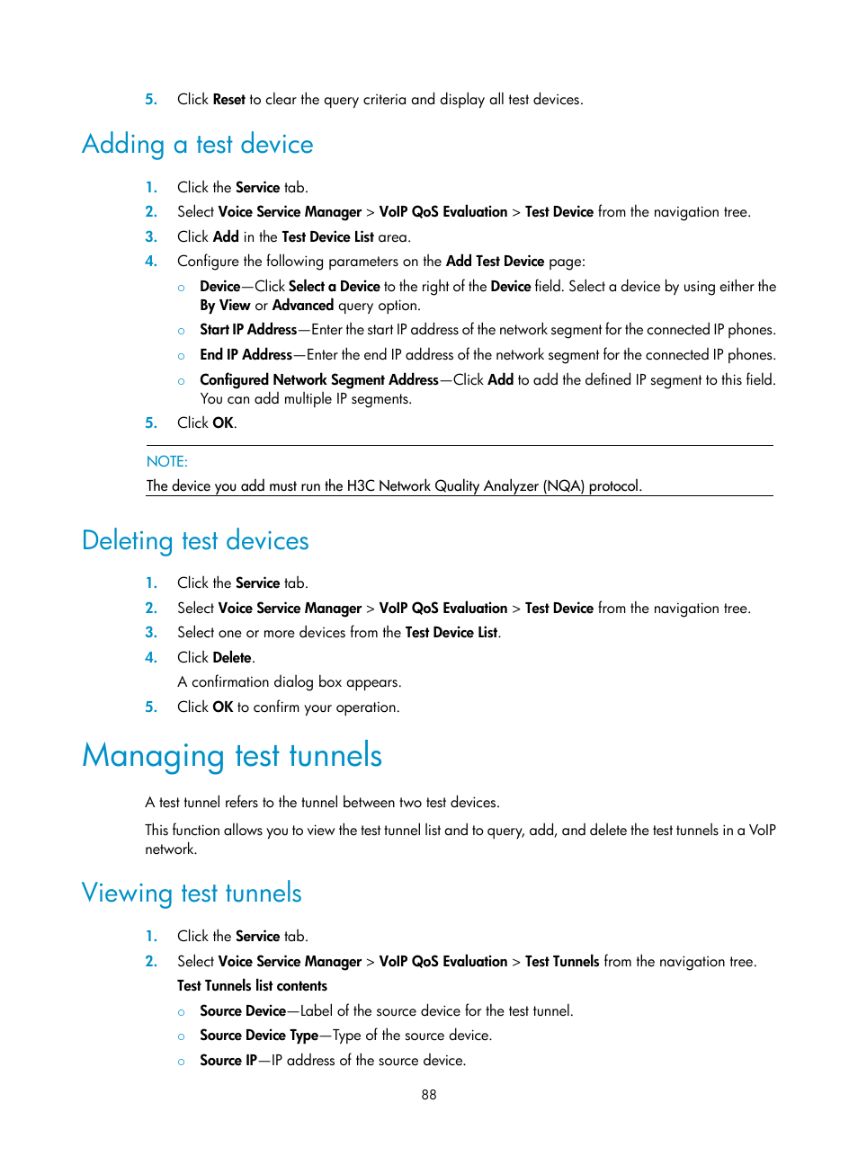 Adding a test device, Deleting test devices, Managing test tunnels | Viewing test tunnels | H3C Technologies H3C Intelligent Management Center User Manual | Page 97 / 145