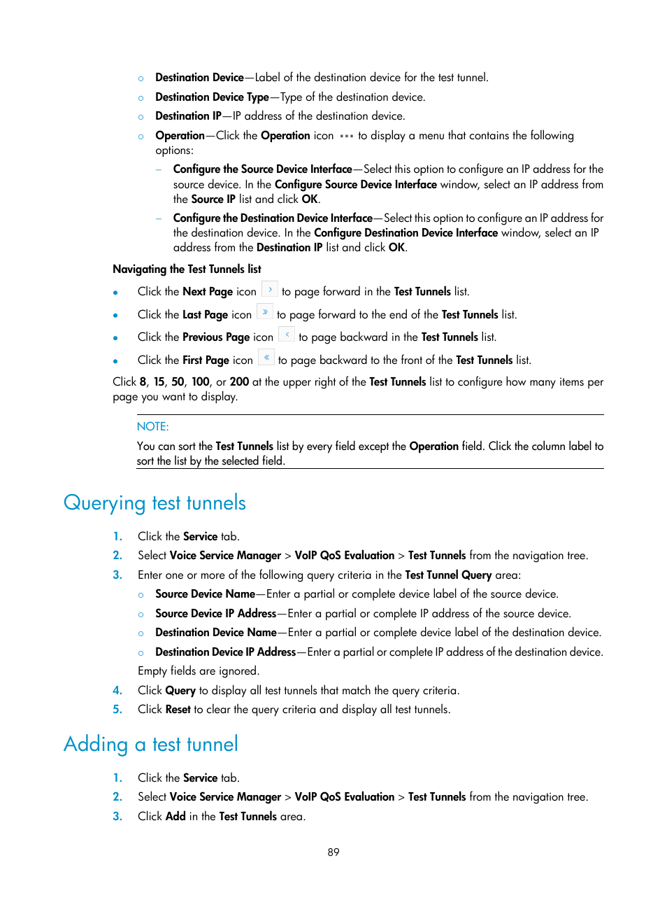 Querying test tunnels, Adding a test tunnel | H3C Technologies H3C Intelligent Management Center User Manual | Page 98 / 145