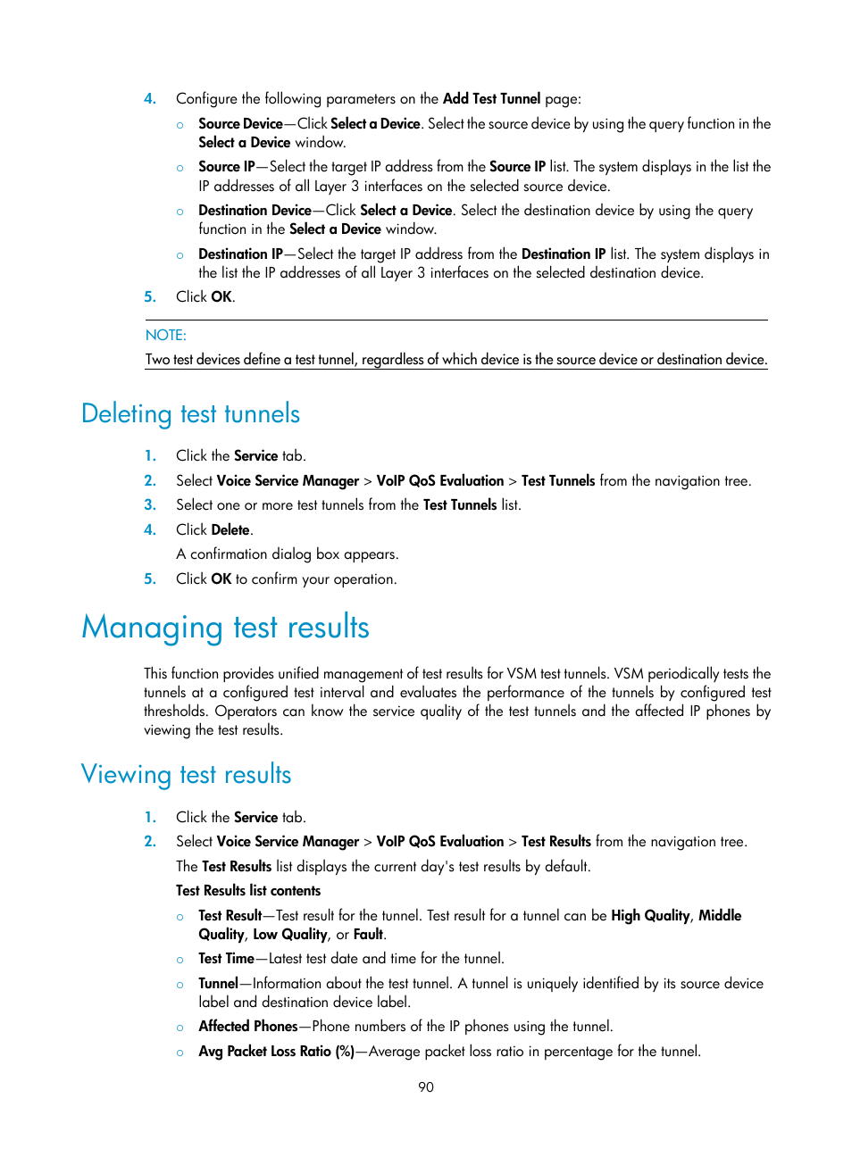 Deleting test tunnels, Managing test results, Viewing test results | H3C Technologies H3C Intelligent Management Center User Manual | Page 99 / 145