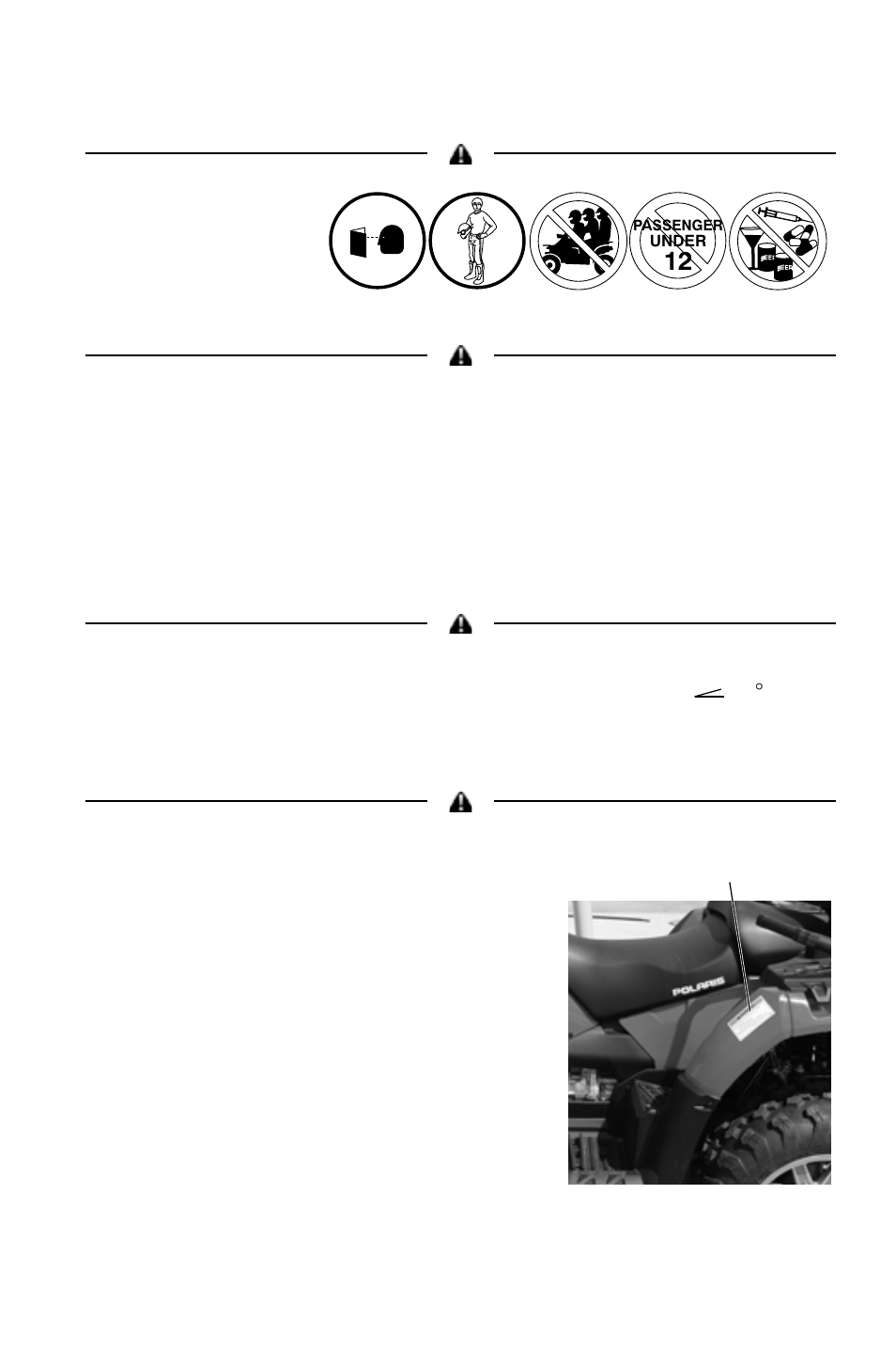 Safety, Safety labels and locations, General alert (multi-lingual) | Reverse override warning/4x4 caution, Hill operation alert, Tire pressure/load alert | Polaris 2011 ATV Sportsman Touring 550 INTL User Manual | Page 22 / 143