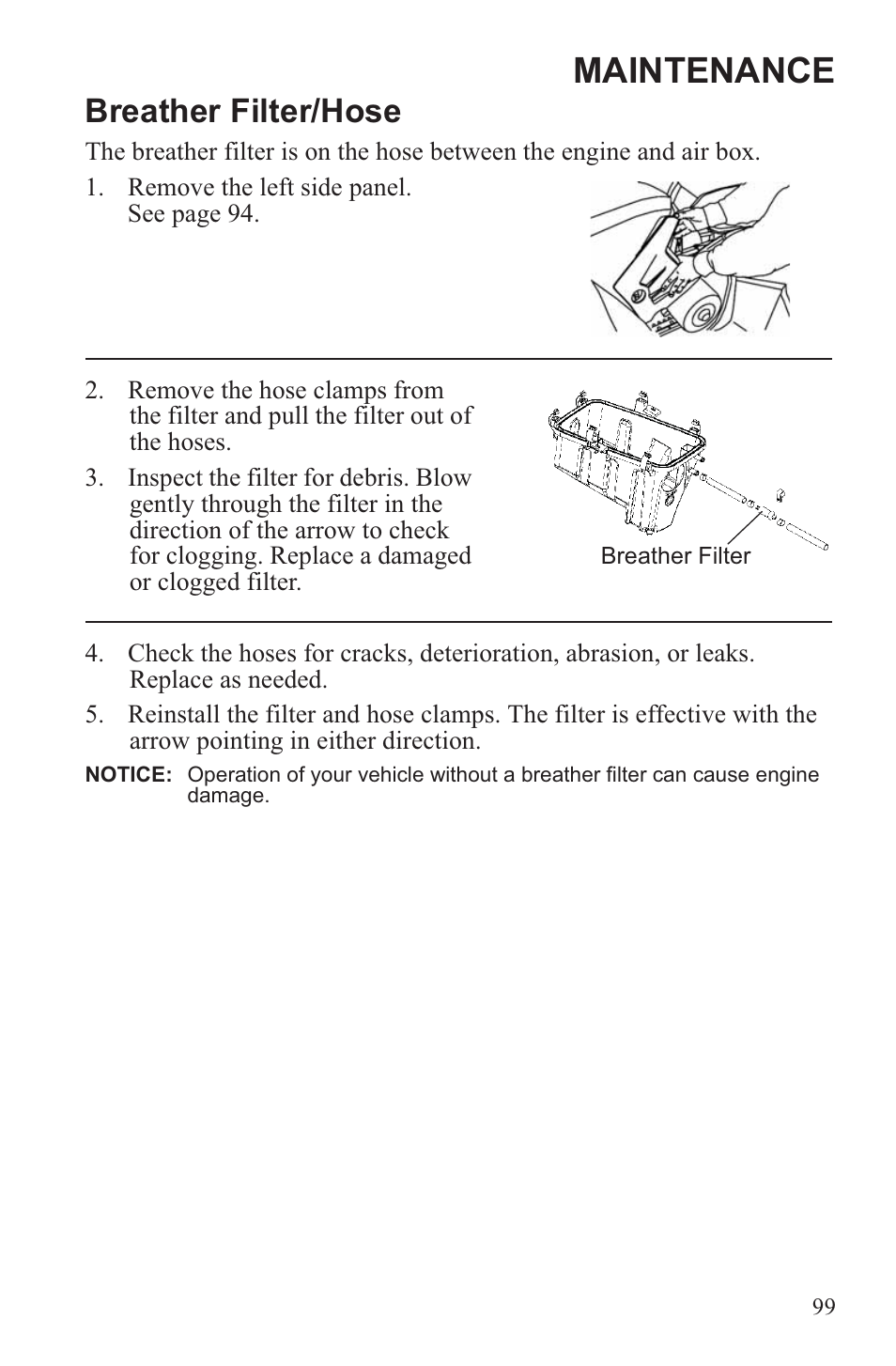 Maintenance, Breather filter/hose | Polaris 2013 ATV Sportsman 500 Tractor INTL User Manual | Page 101 / 141