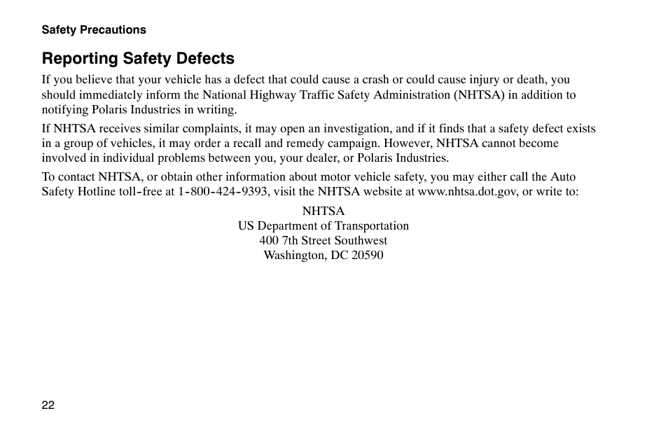 Reporting safety defects | Polaris 2002 Victory Touring Cruiser User Manual | Page 36 / 166