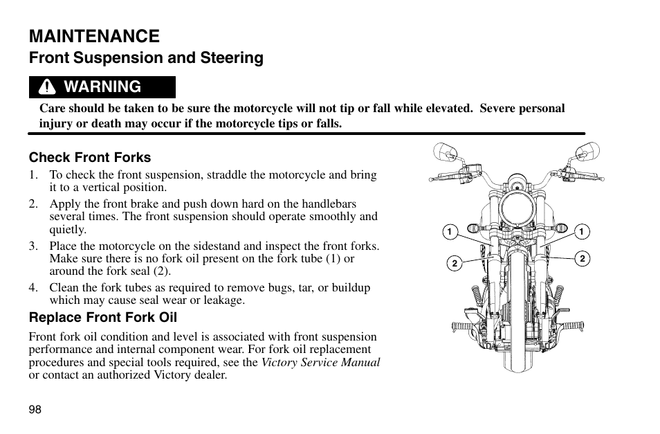Maintenance, Front suspension and steering, Warning | Polaris 2003 Victory Vegas User Manual | Page 100 / 164