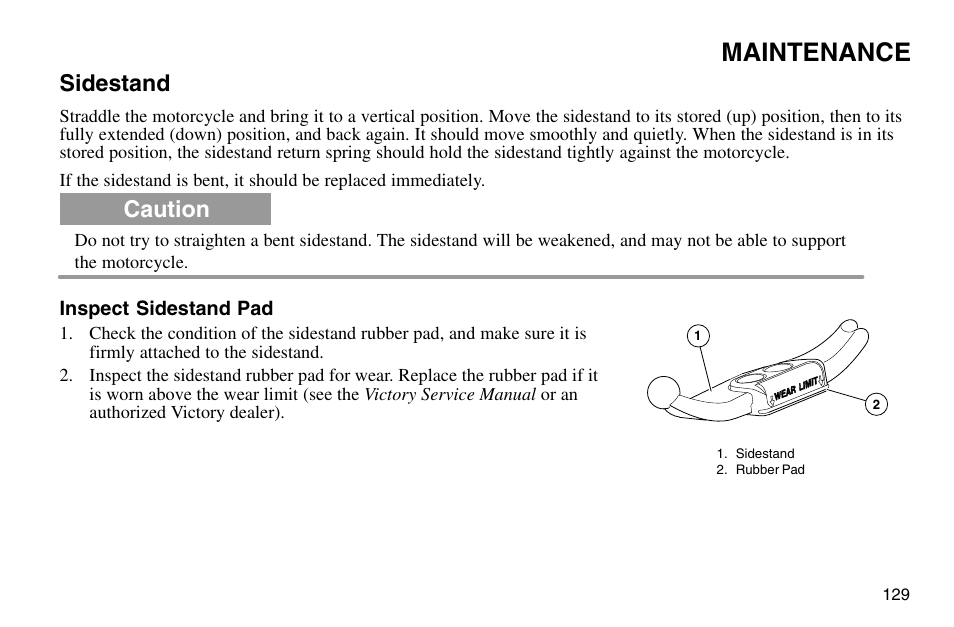 Maintenance, Sidestand, Caution | Polaris 2003 Victory Vegas User Manual | Page 131 / 164