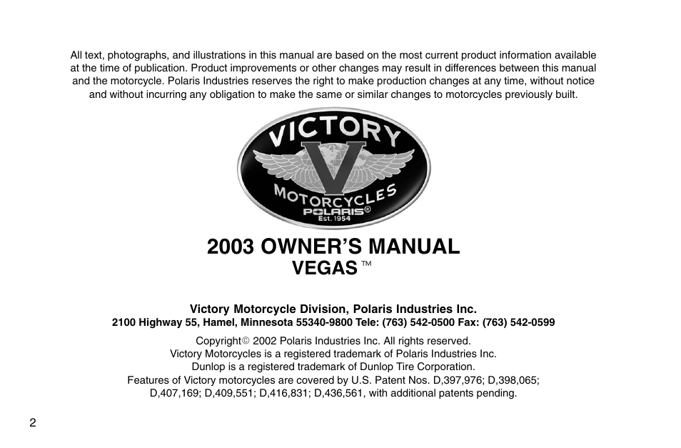 2003 owner’s manual, Vegas t | Polaris 2003 Victory Vegas User Manual | Page 4 / 164