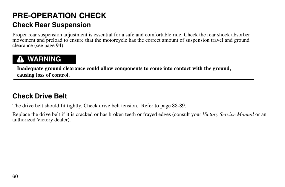 Pre-operation check | Polaris 2003 Victory Vegas User Manual | Page 62 / 164