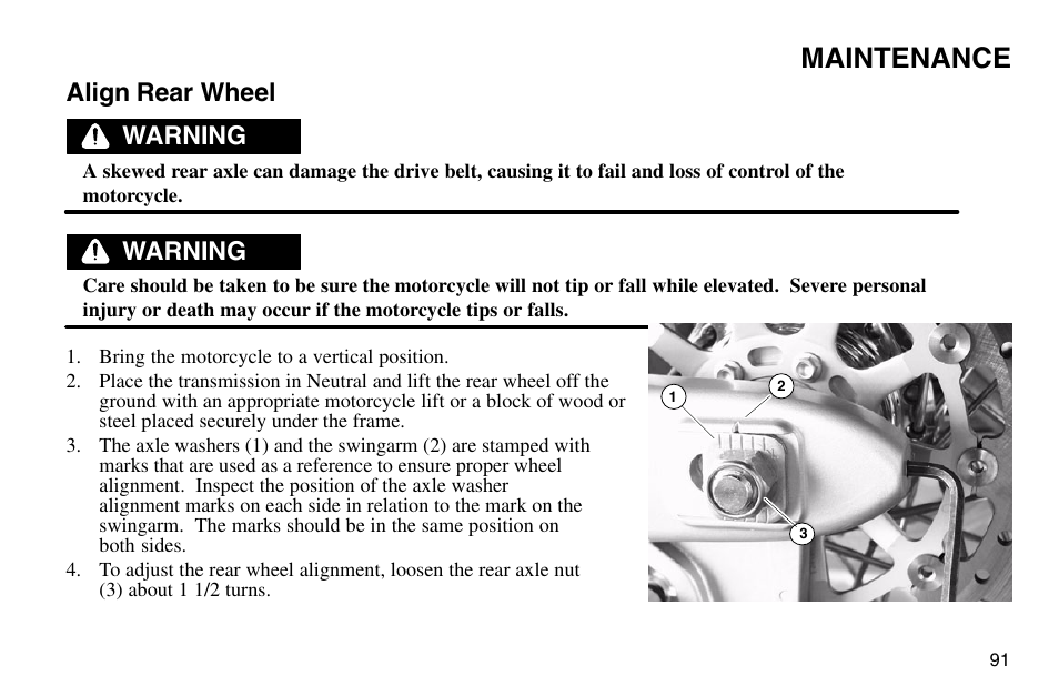 Maintenance, Align rear wheel, Warning | Polaris 2003 Victory Vegas User Manual | Page 93 / 164