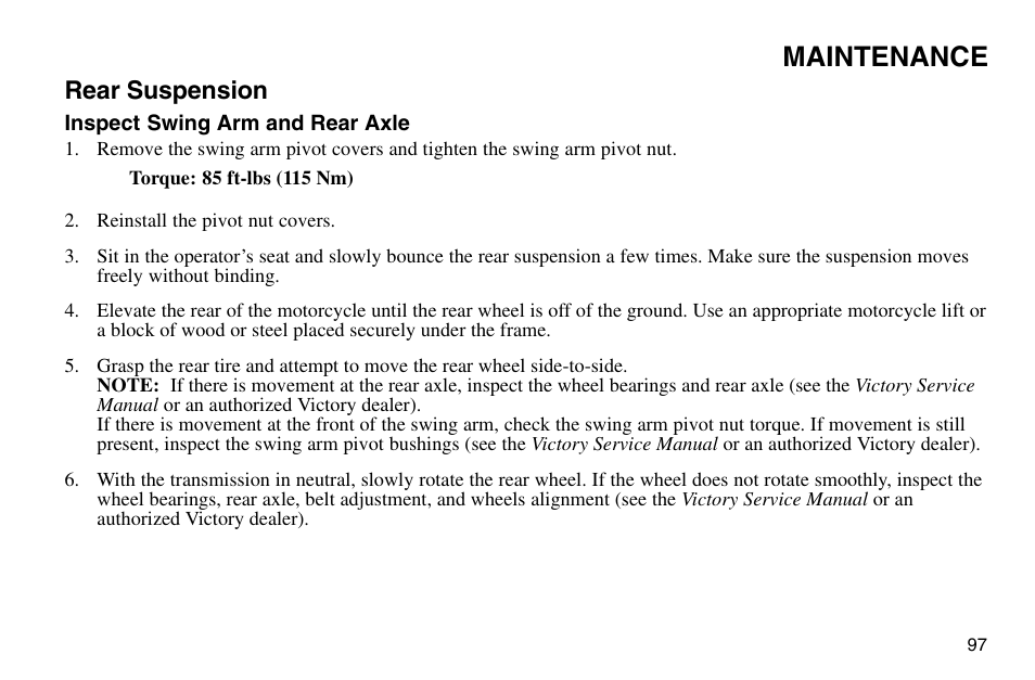 Maintenance, Rear suspension | Polaris 2003 Victory Vegas User Manual | Page 99 / 164