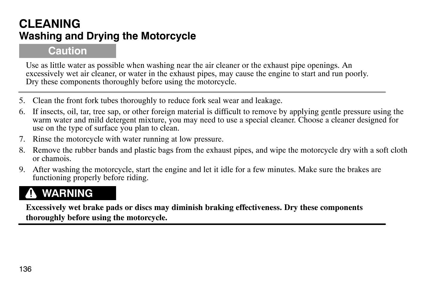 Cleaning, Washing and drying the motorcycle, Caution | Warning | Polaris 2004 Victory Vegas User Manual | Page 138 / 165