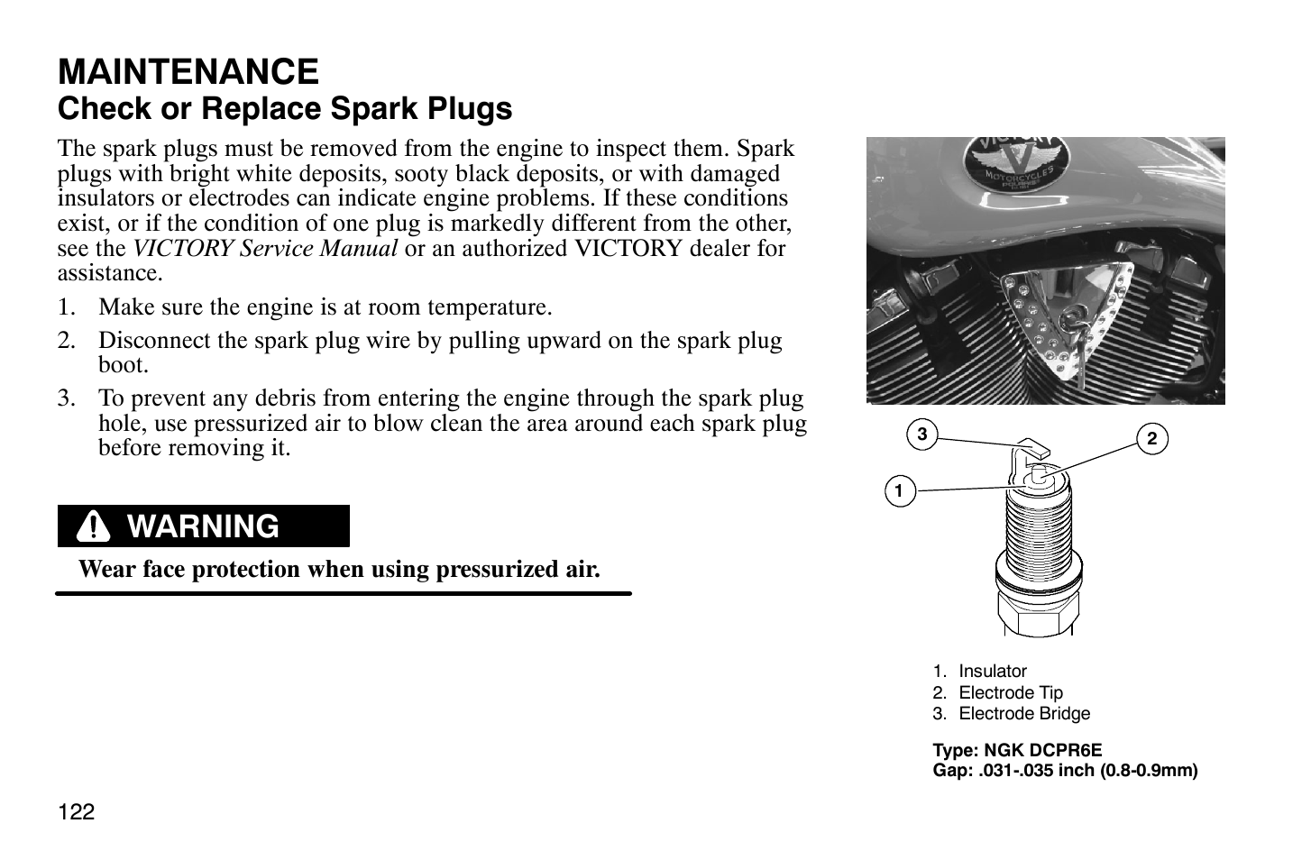 Maintenance, Check or replace spark plugs, Warning | Polaris 2008 Victory Hammer User Manual | Page 127 / 170