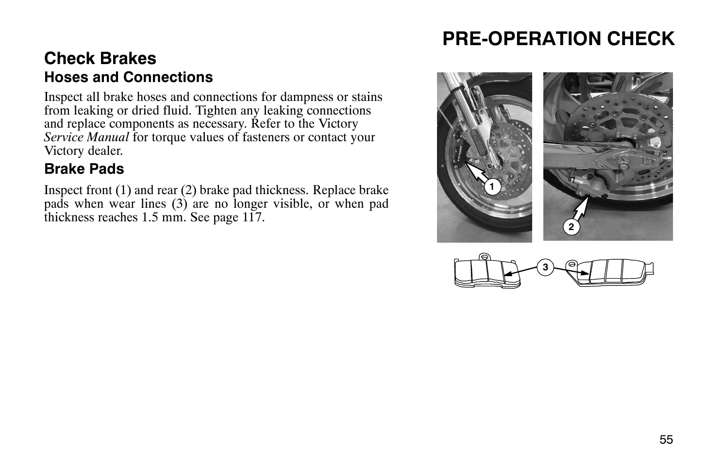 Pre-operation check, Check brakes | Polaris 2008 Victory Hammer User Manual | Page 60 / 170