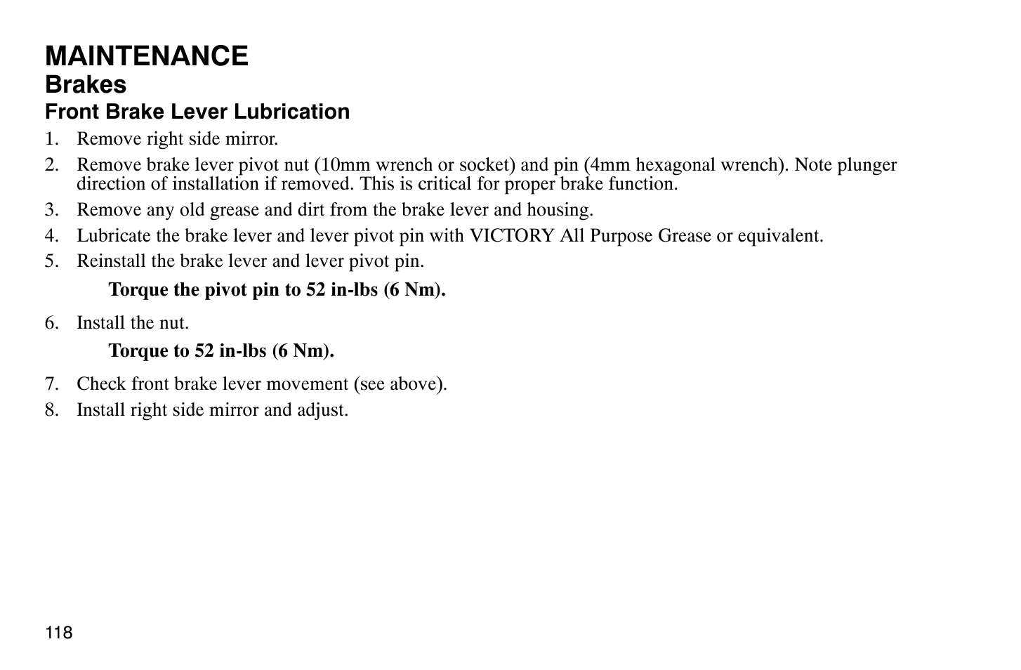 Maintenance, Brakes | Polaris 2009 Victory Vegas User Manual | Page 123 / 178