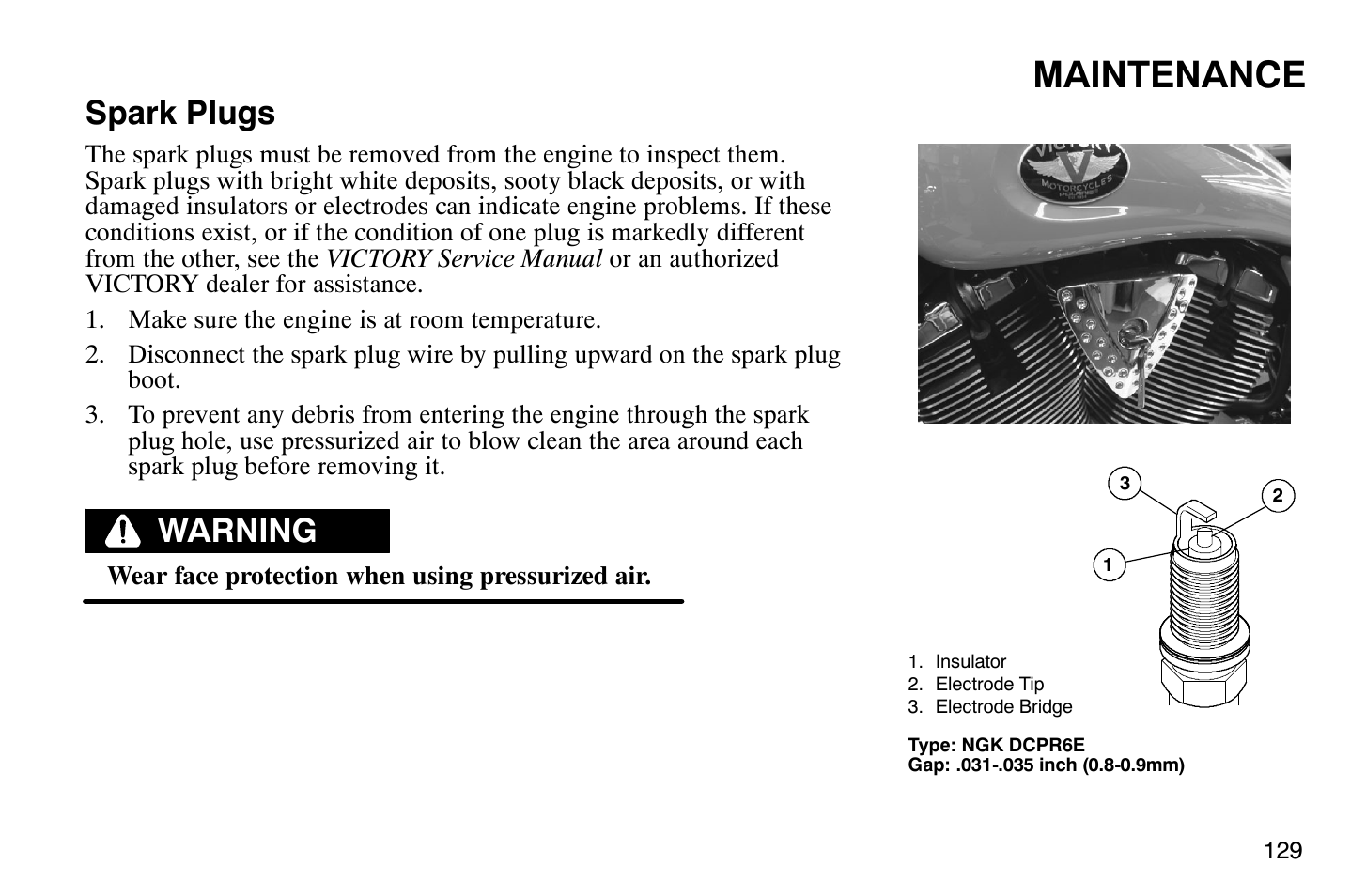 Maintenance, Spark plugs, Warning | Polaris 2009 Victory Vegas User Manual | Page 134 / 178