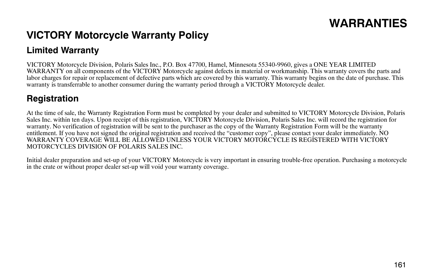 Warranties, Victory motorcycle warranty policy | Polaris 2009 Victory Vegas User Manual | Page 166 / 178