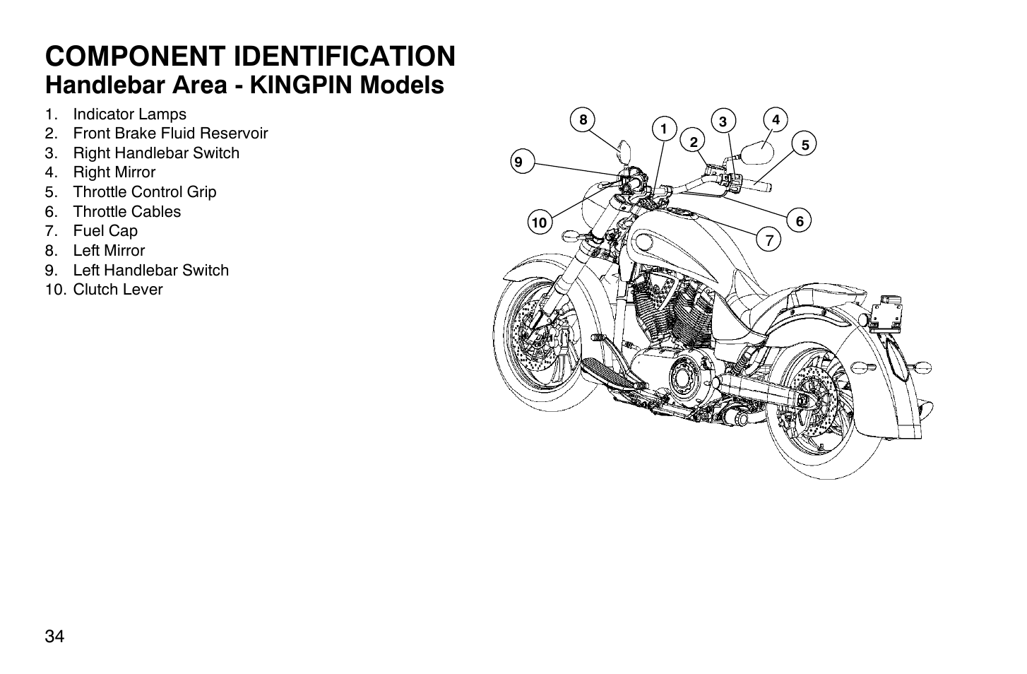 Component identification, Handlebar area - kingpin models | Polaris 2009 Victory Vegas User Manual | Page 39 / 178