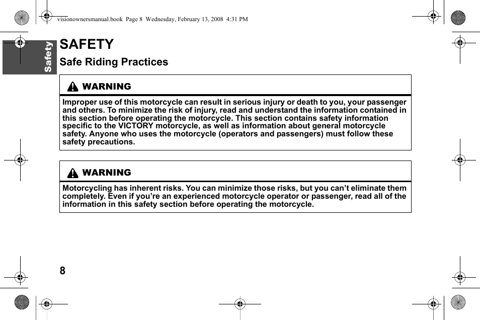 Safety, Safe riding practices | Polaris 2009 Victory Victory Vision User Manual | Page 11 / 323