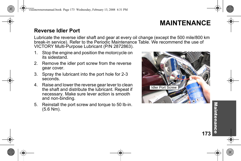 Maintenance, Reverse idler port | Polaris 2009 Victory Victory Vision User Manual | Page 176 / 323