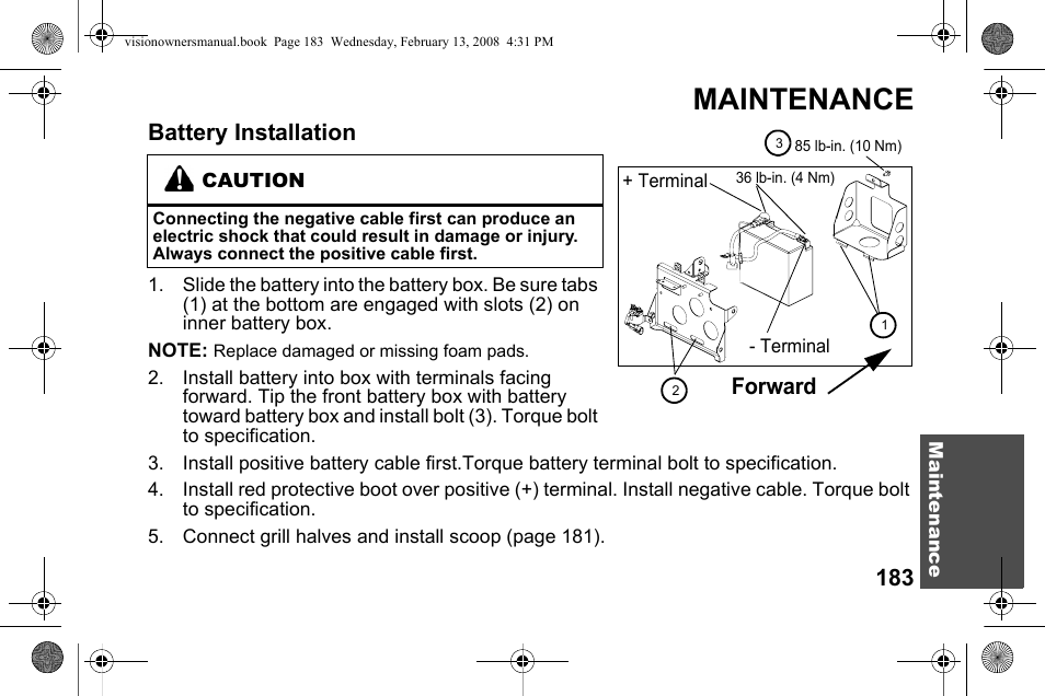 Maintenance, Battery installation, Forward | Polaris 2009 Victory Victory Vision User Manual | Page 186 / 323