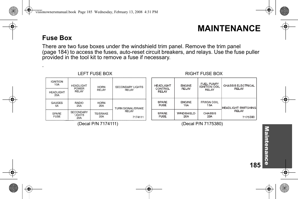 Maintenance, Fuse box | Polaris 2009 Victory Victory Vision User Manual | Page 188 / 323