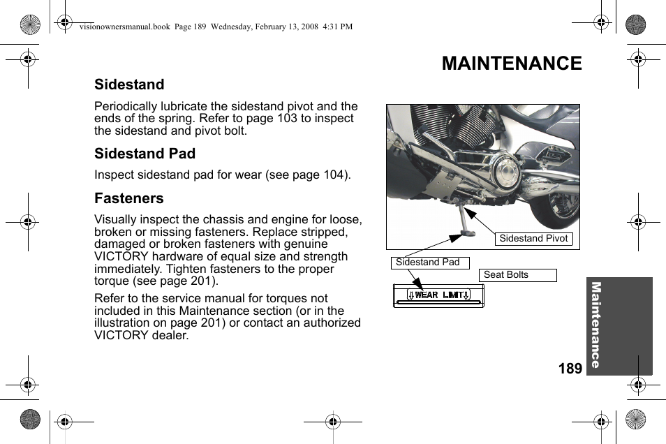 Maintenance, Sidestand, Sidestand pad | Fasteners | Polaris 2009 Victory Victory Vision User Manual | Page 192 / 323