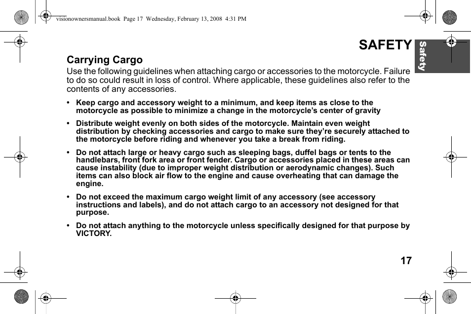 Safety, Carrying cargo | Polaris 2009 Victory Victory Vision User Manual | Page 20 / 323