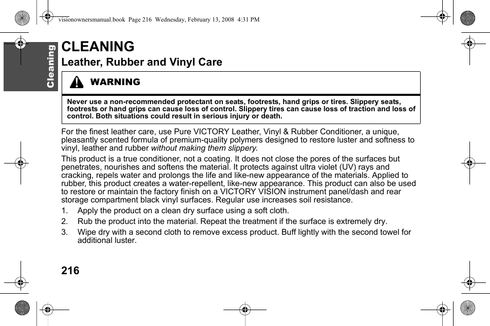 Cleaning, Leather, rubber and vinyl care | Polaris 2009 Victory Victory Vision User Manual | Page 219 / 323