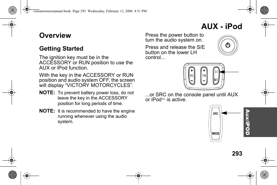 Aux - ipod, Overview, Getting started | Polaris 2009 Victory Victory Vision User Manual | Page 296 / 323