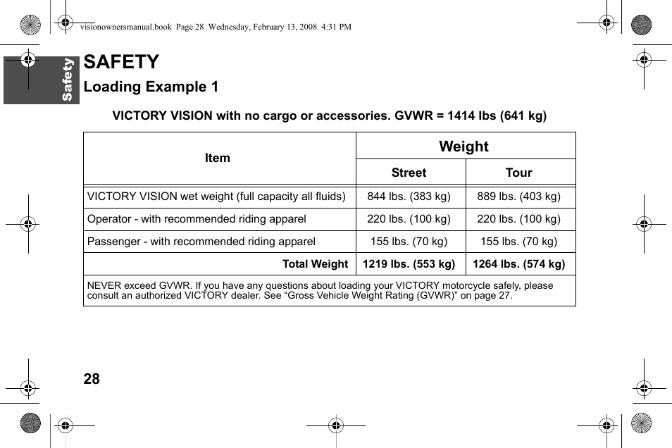 Safety, Loading example 1, Weight | Polaris 2009 Victory Victory Vision User Manual | Page 31 / 323