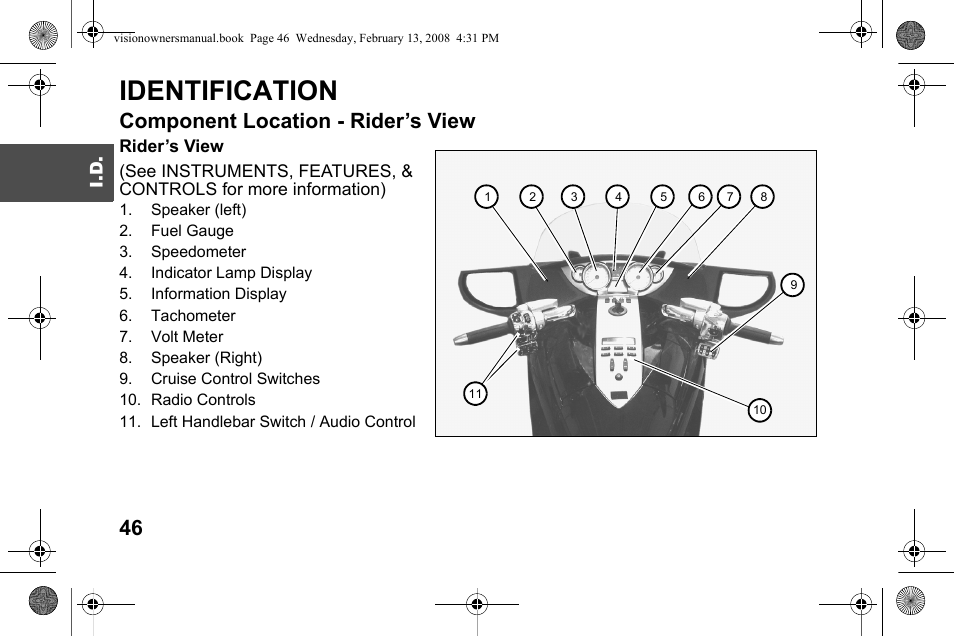 Identification, Component location - rider’s view | Polaris 2009 Victory Victory Vision User Manual | Page 49 / 323