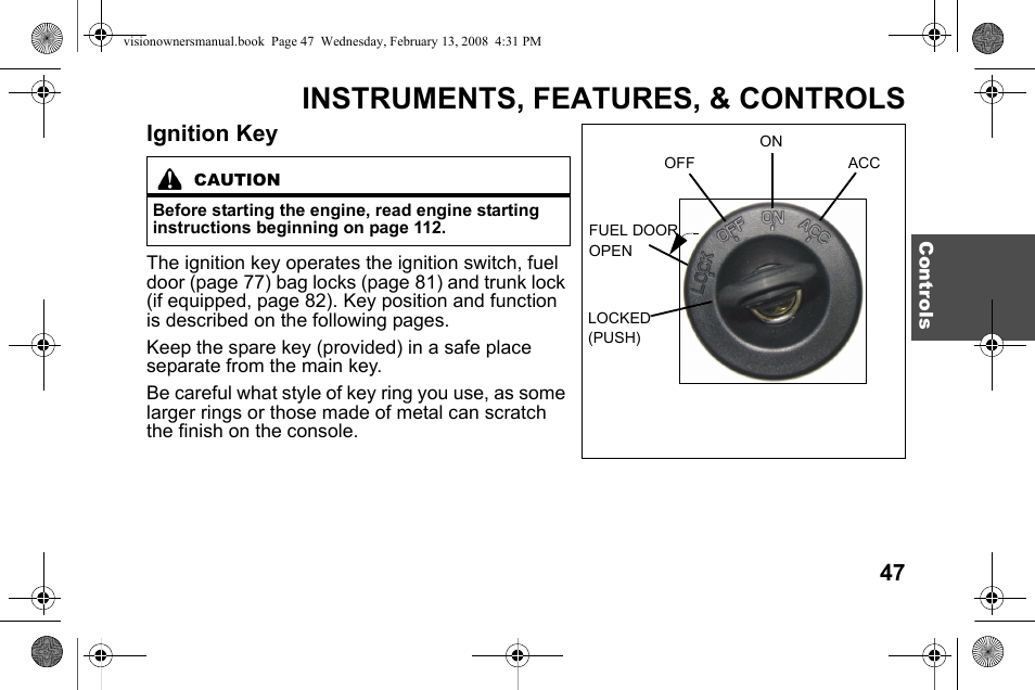Instruments, features, & controls, Ignition key | Polaris 2009 Victory Victory Vision User Manual | Page 50 / 323