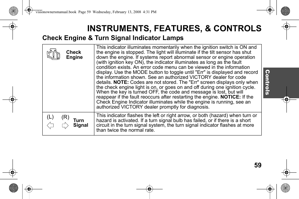 Instruments, features, & controls, Check engine & turn signal indicator lamps | Polaris 2009 Victory Victory Vision User Manual | Page 62 / 323
