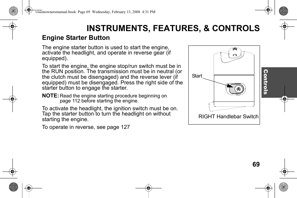 Instruments, features, & controls, Engine starter button | Polaris 2009 Victory Victory Vision User Manual | Page 72 / 323