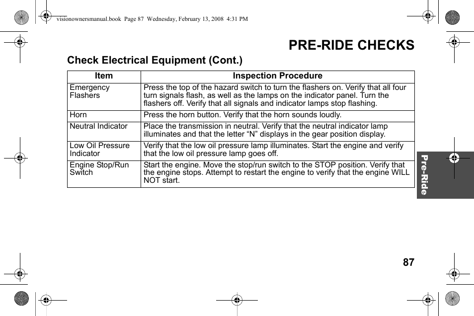 Pre-ride checks, Check electrical equipment (cont.) | Polaris 2009 Victory Victory Vision User Manual | Page 90 / 323