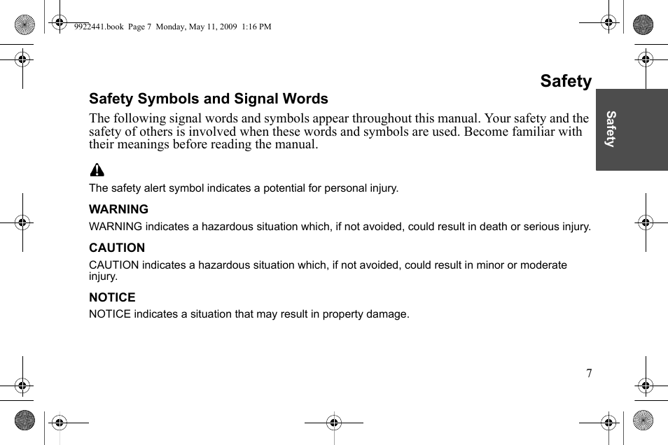 Safety, Safety symbols and signal words | Polaris 2010 Victory Victory Vision 8-Ball User Manual | Page 11 / 334