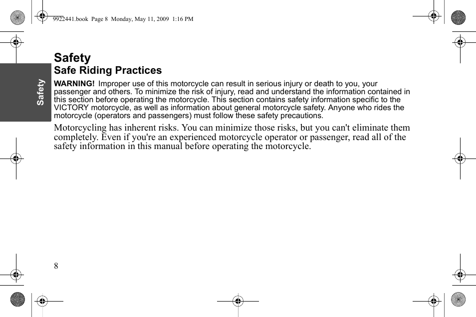 Safety, Safe riding practices | Polaris 2010 Victory Victory Vision 8-Ball User Manual | Page 12 / 334