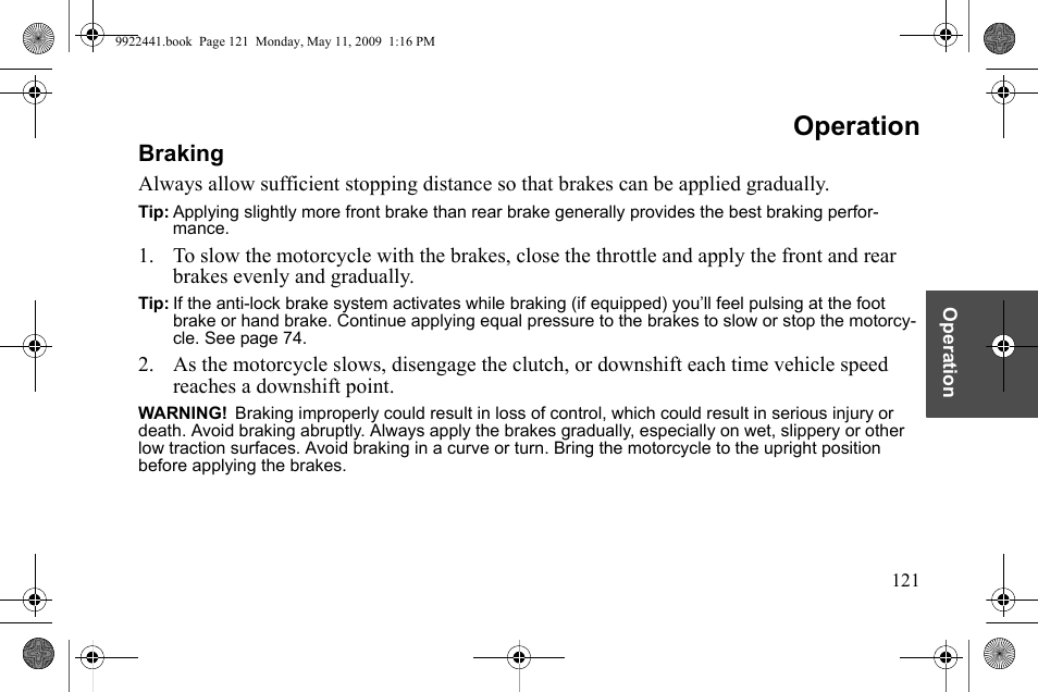 Operation, Braking | Polaris 2010 Victory Victory Vision 8-Ball User Manual | Page 125 / 334