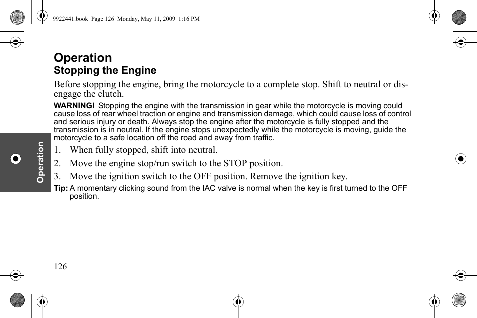 Operation, Stopping the engine | Polaris 2010 Victory Victory Vision 8-Ball User Manual | Page 130 / 334
