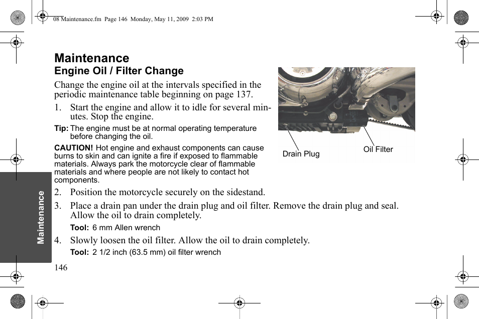 Maintenance, Engine oil / filter change | Polaris 2010 Victory Victory Vision 8-Ball User Manual | Page 150 / 334