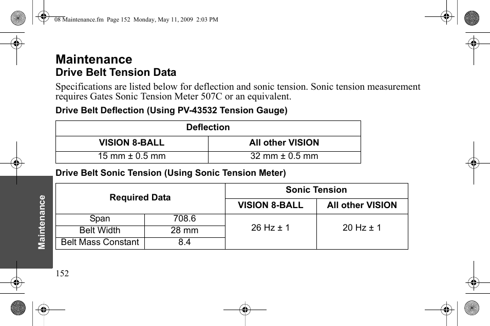 Maintenance, Drive belt tension data | Polaris 2010 Victory Victory Vision 8-Ball User Manual | Page 156 / 334