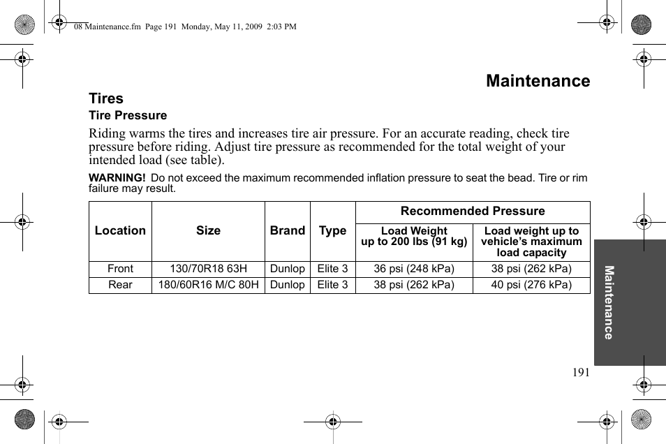 Maintenance, Tires | Polaris 2010 Victory Victory Vision 8-Ball User Manual | Page 195 / 334