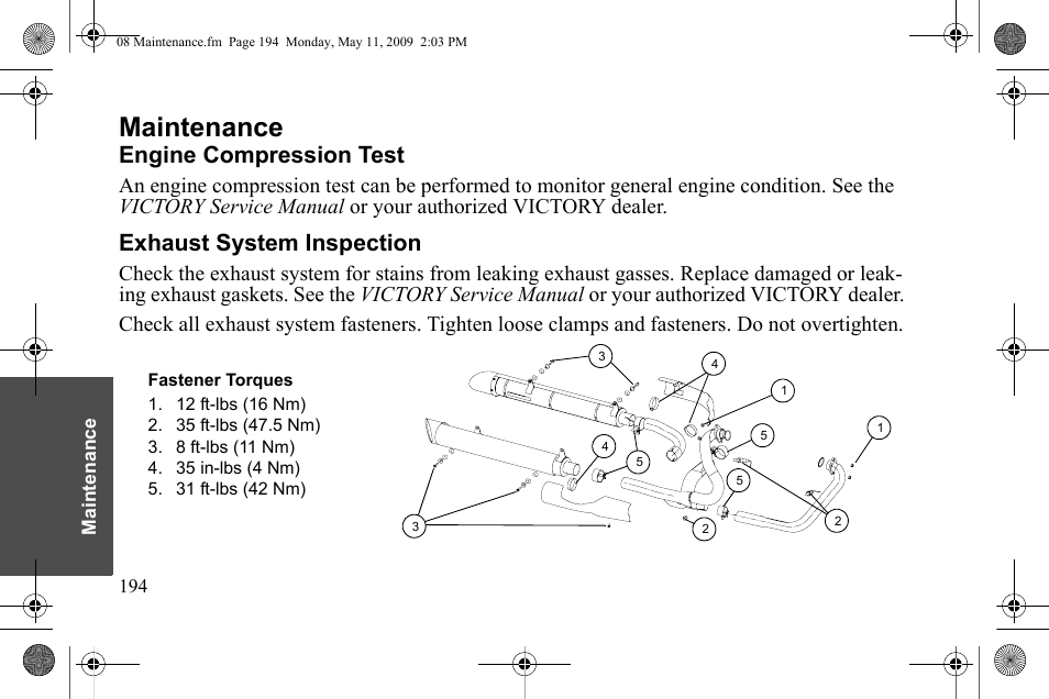 Maintenance, Engine compression test, Exhaust system inspection | Polaris 2010 Victory Victory Vision 8-Ball User Manual | Page 198 / 334