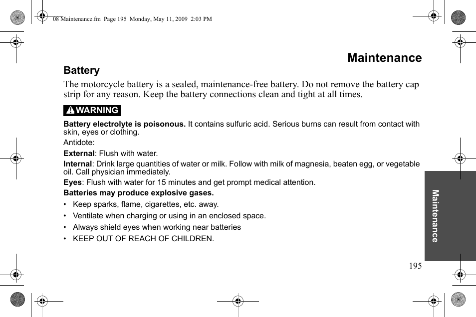 Maintenance, Battery | Polaris 2010 Victory Victory Vision 8-Ball User Manual | Page 199 / 334