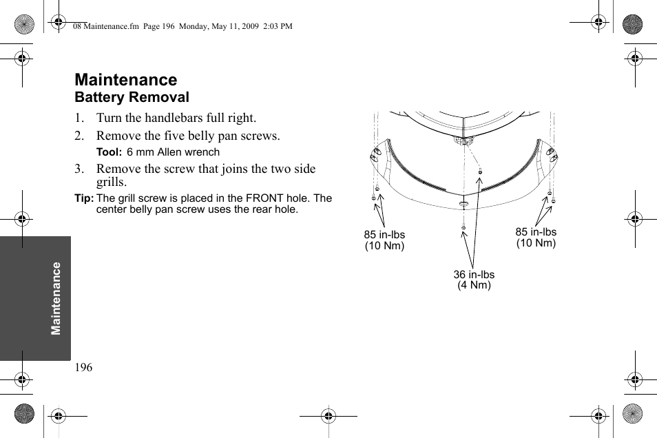 Maintenance, Battery removal | Polaris 2010 Victory Victory Vision 8-Ball User Manual | Page 200 / 334