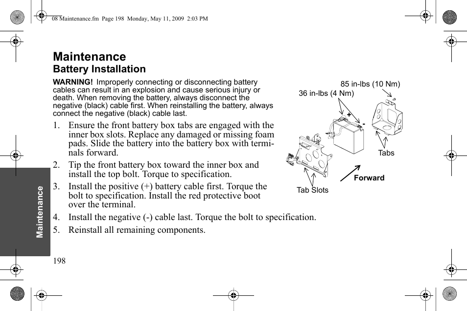 Maintenance, Battery installation | Polaris 2010 Victory Victory Vision 8-Ball User Manual | Page 202 / 334
